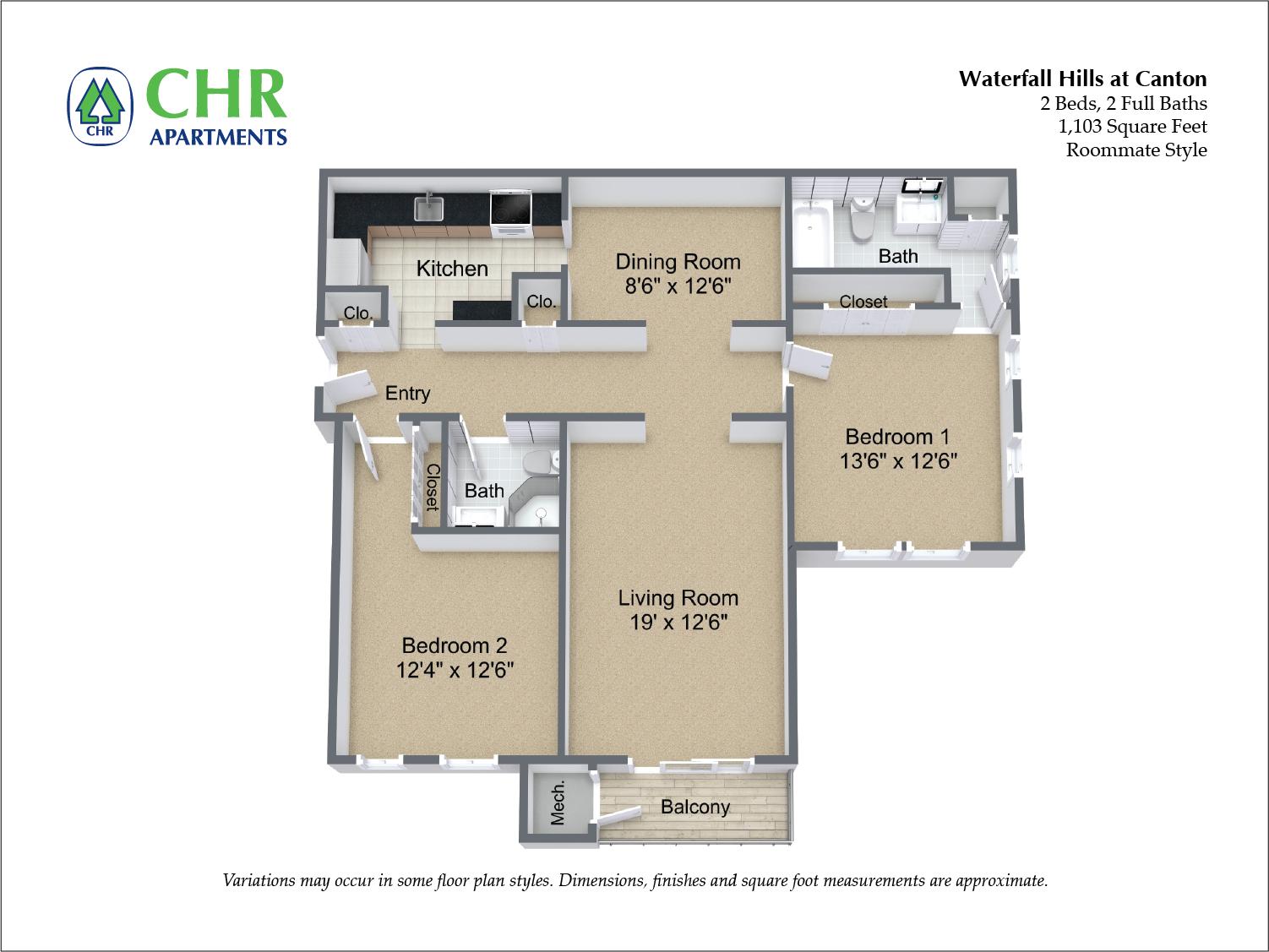 Floor plan for 2 beds, 2 baths, 1225 sqft
